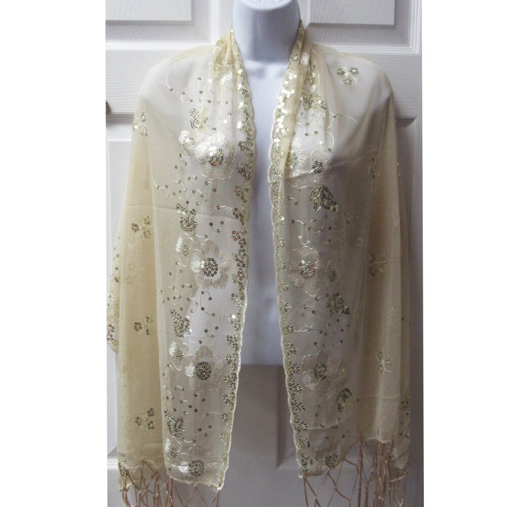 Champagne Sequin Shawl Wrap Sparkle Fringed Scarf Wedding Bridal Dressy Formal